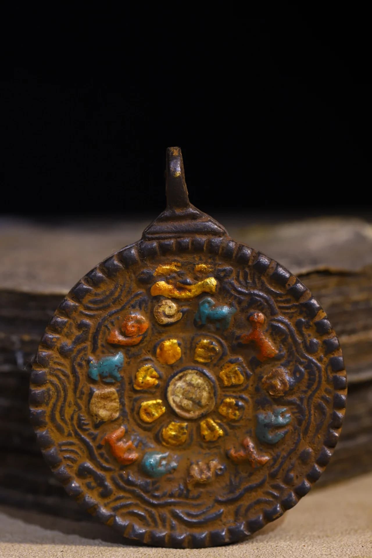 3"Tibetan Temple Collection Old Bronze Painted Naro Khechari Zodiac Animals Buddha Card Pendant Amulet Dharma Town house