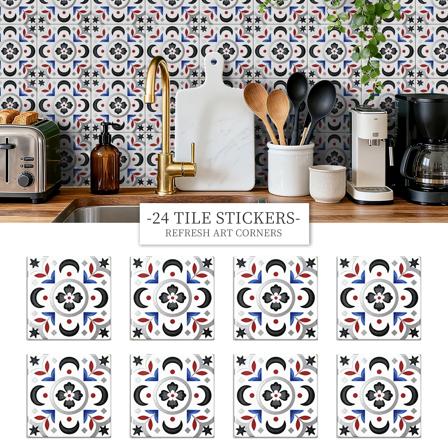 36Pcs Vintage Floral Tile Stickers, Self-Adhesive Peel and Stick Wall Decals, Waterproof for Kitchen Bathroom Home Decor