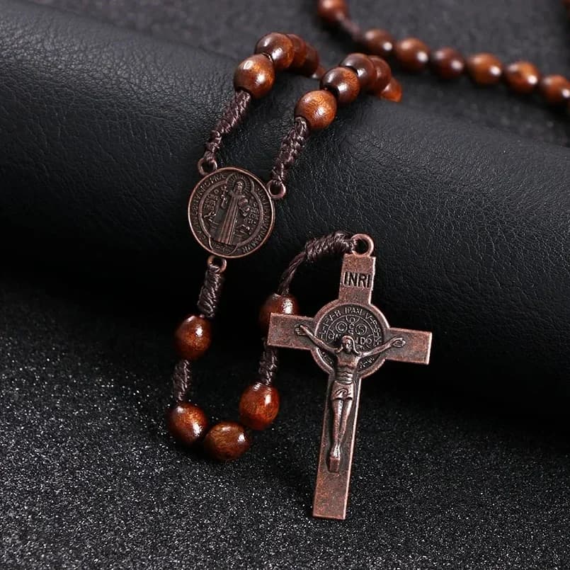 Christ Jesus Wooden Beads 8mm Rosary Bead Cross Car Pendant Woven Rope Chain Necklace Religious Orthodox Praying  Jewelry