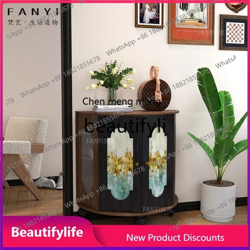 CC Medieval entrance cabinet Solid wood semi-round storage decorative storage cabinet Integrated corner cabinet against the wall