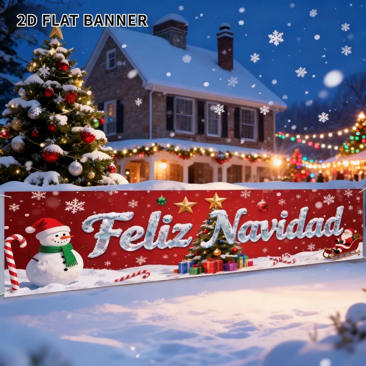 2D FLAT 1 pc Spanish Christmas Hanging Ornaments Banner "Feliz Navidad" - Red & White Holiday Party Decor With Snowman