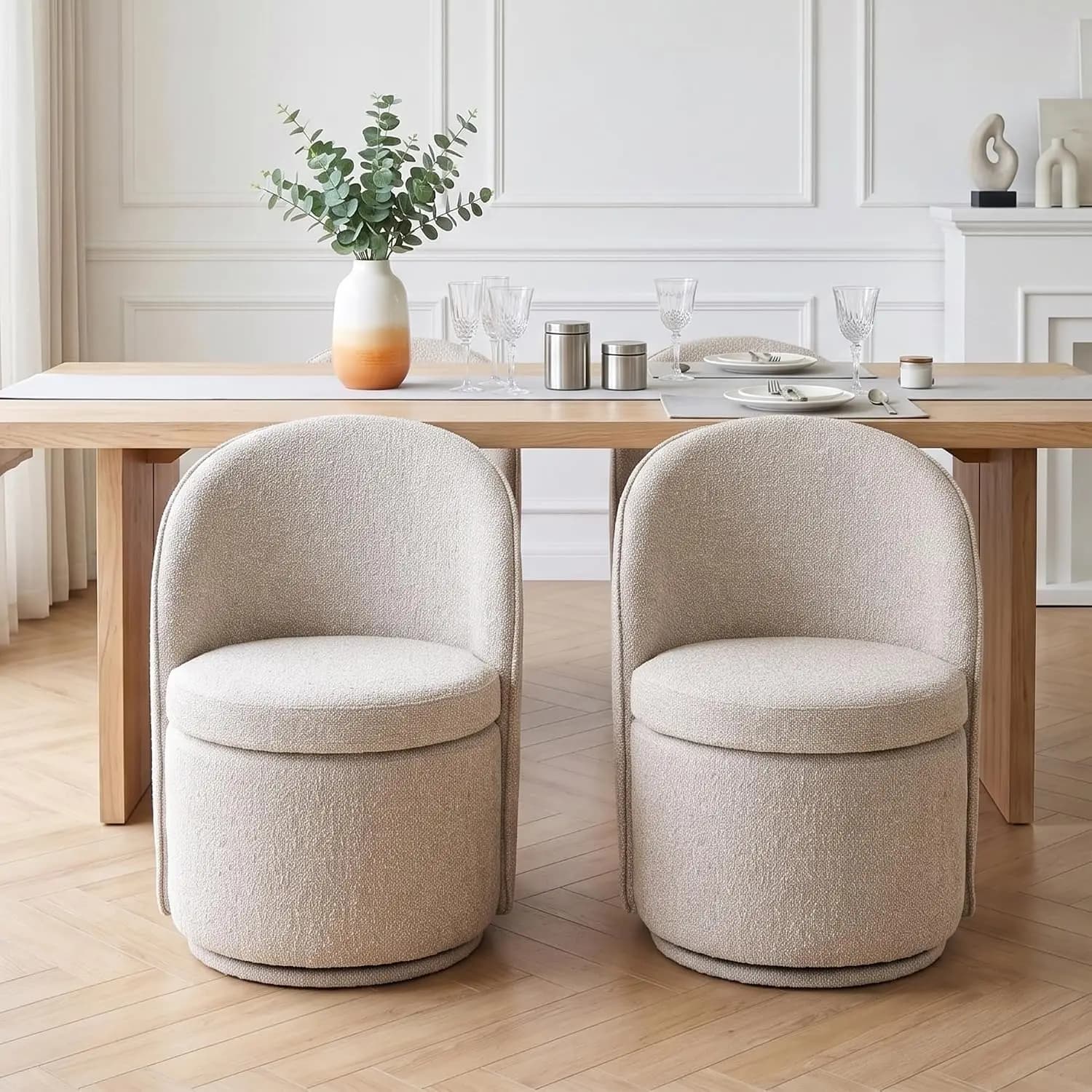 360 Swivel Barrel Dining Chairs Set of 6 with Back, Modern Round Upholstered Chairs Boucle Fabric for Living Room, Dining Room,