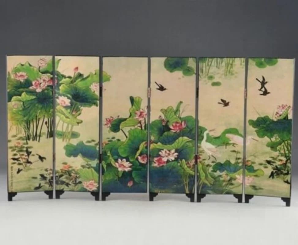 Oriental Lacquerware Folding Screen Handmade Old Painting Lotus Writing Screen Traditional Decorative Art Panel