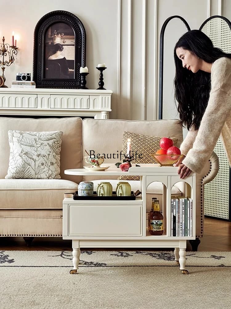 01Cream wind sofa removable side table small coffee table side cabinet living room trolley solid wood