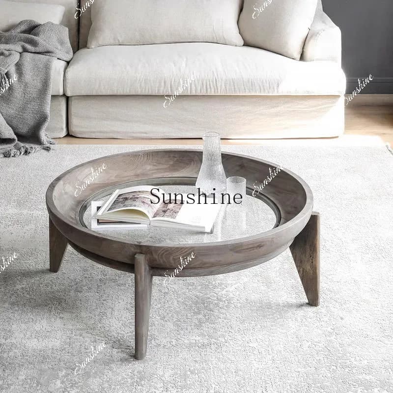 American round solid wood retro small apartment living room B & B creative glass coffee table   FT