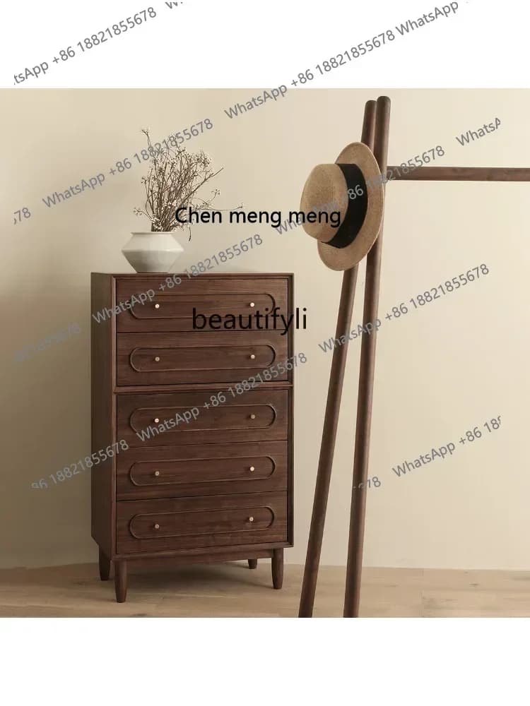 X A Retro Black Walnut Five-Drawer Wooden Chest of Drawers Pure Solid Wood Storage Cabinet