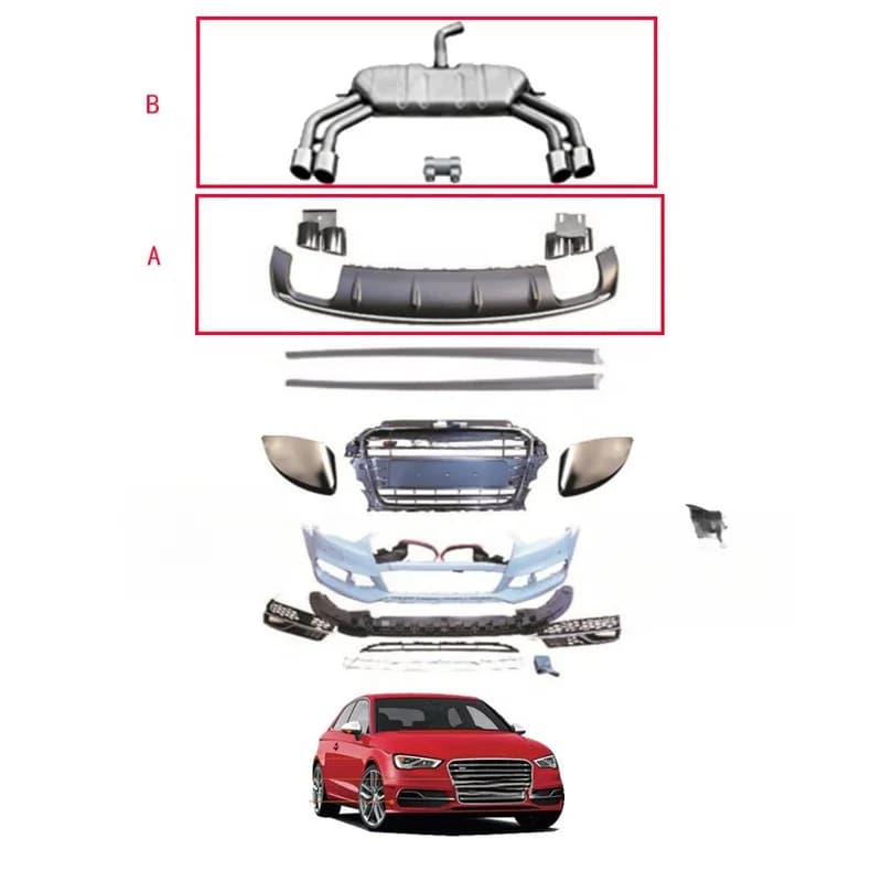 High Quality Body Kit Fit 2013-2016 A3 Upgrade to S3, Front Bumper, Grille, Headlights & Side Skirts