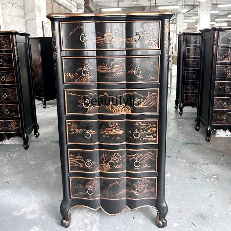 Hand-painted Chest of Drawers Solid Wood Painted Art Vintage Decorative Cabinet American European Style Drawer Storage Cabinet