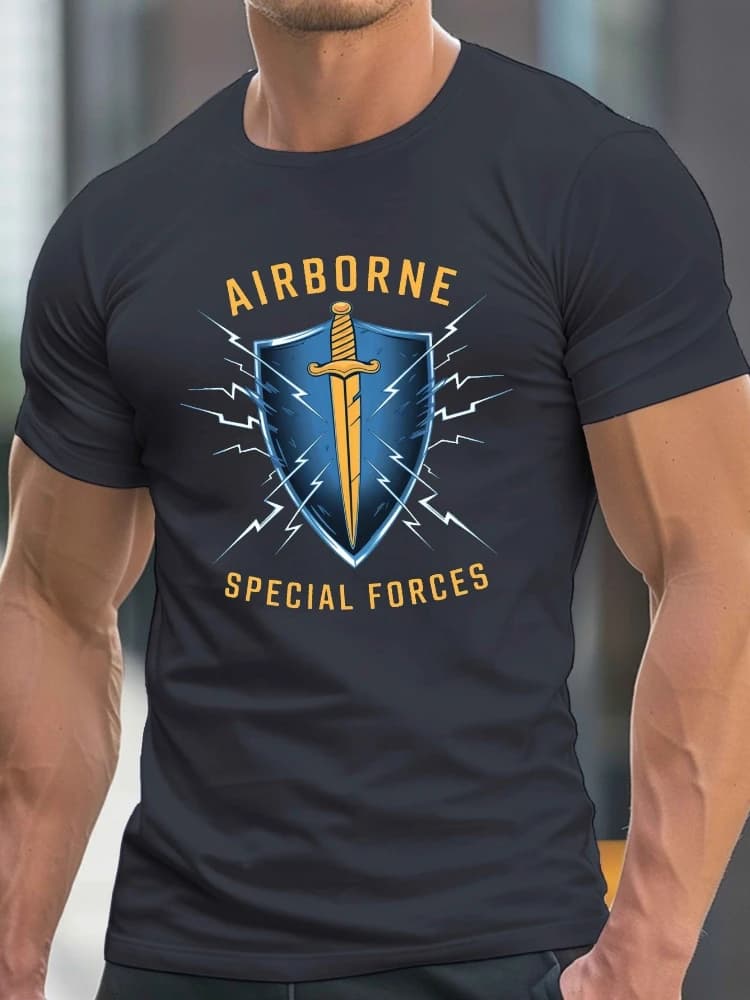 Airborne Special Forces Graphic with Blue Shield&Lightning Bolts Design-100% cotton O-neck short sleeve  printed men's T-shirt.