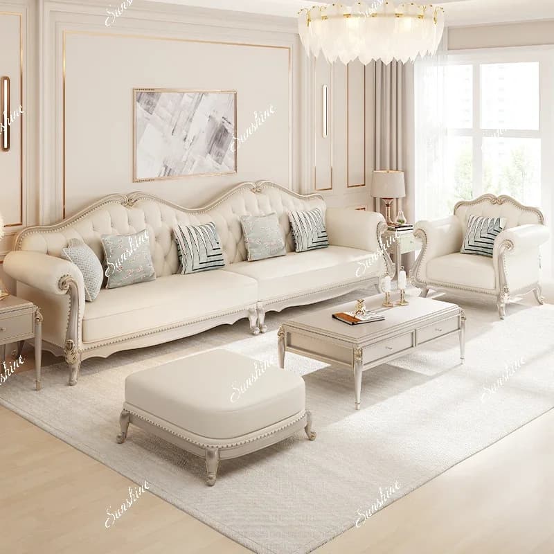 MLight luxury leather sofa French small apartment living room solid wood sofa
