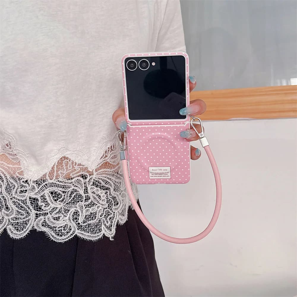 Korean Polka Dot Wristband Cute Phone Case For Samsung Galaxy Z Flip 8 7 6 5 Z Flip7 Flip6 Cover Fashion Wrist Strap Hard Cases