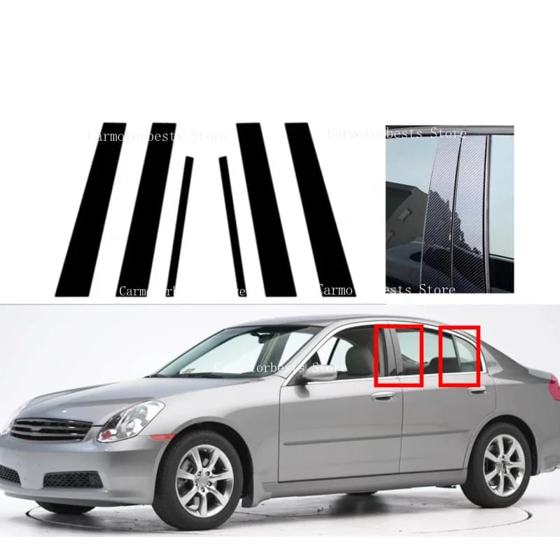 6Pcs  Silver Carbon Glossy Black Pillar Post Fit For Infiniti G35 G37 2002-2010 2011 2012 2013  Window Decor Sticker Cover Set
