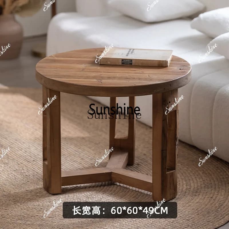Wabi Sandy Wind Solid Wood Small Round Table Homestay Retro Old Household Living Room Coffee TableX