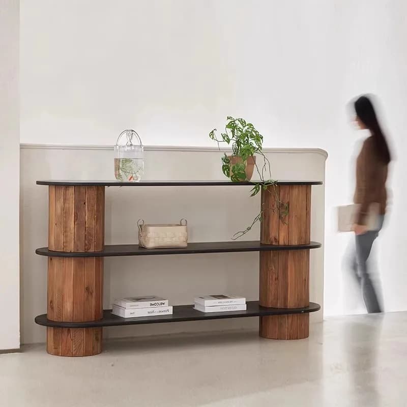 LMM,wabi-sandy wind color matching three-layer solid wood porch cabinet rack decorative table sofa back few