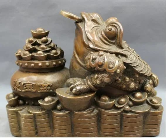 8" Chinese Copper Bronze FengShui Wealth YuanBao Coin Hoptoad Toad Bowl Statue