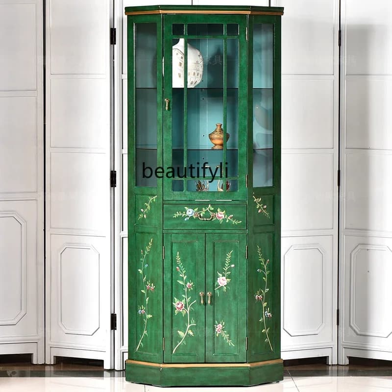 European Style Solid Wood Hand Painted Living Room Storage Cabinet with Light Wine Cabinet American Glass Triangle Sideboard