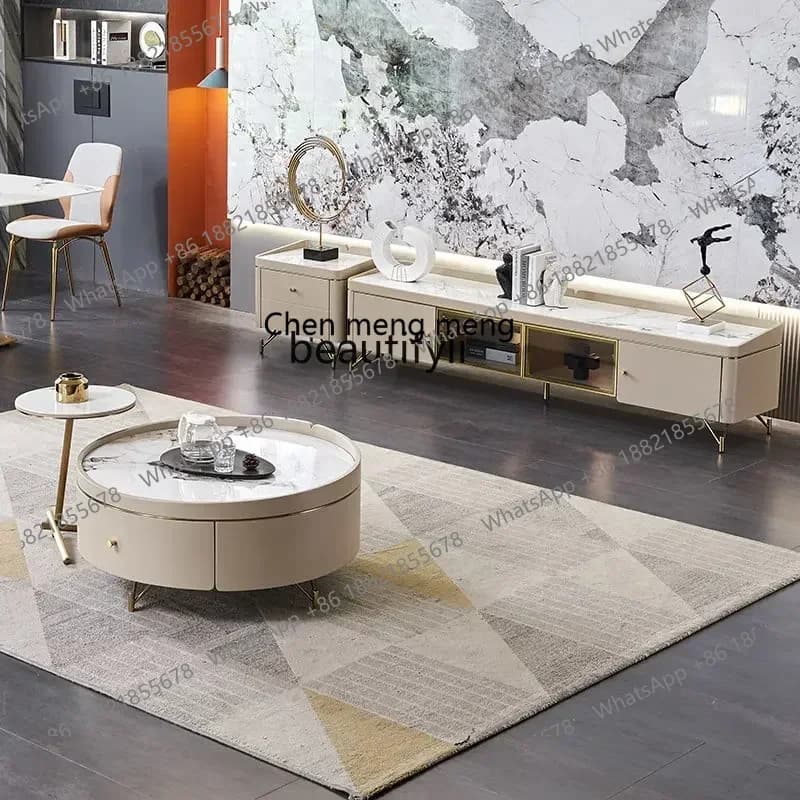 D178  Y zqStone Plate Table Top Coffee Table TV Cabinet Living Room Stainless Steel Gold-Plated Piano Paint Nordic Size Coffee T