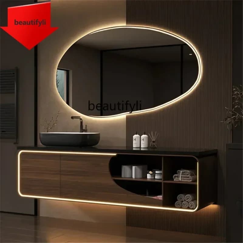 Q181   Light luxury retro style oak bathroom cabinet rock slab integrated table basin combined face wash basin