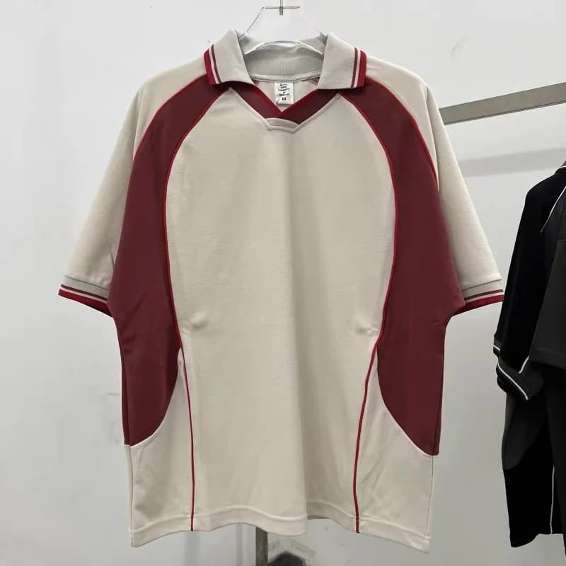 High Quality Vintage Patchwork Thick Fabric Flip Neck T-Shirt 25FW Man Woman Oversized Hip Hop Almond Color Black Top T Shirt
