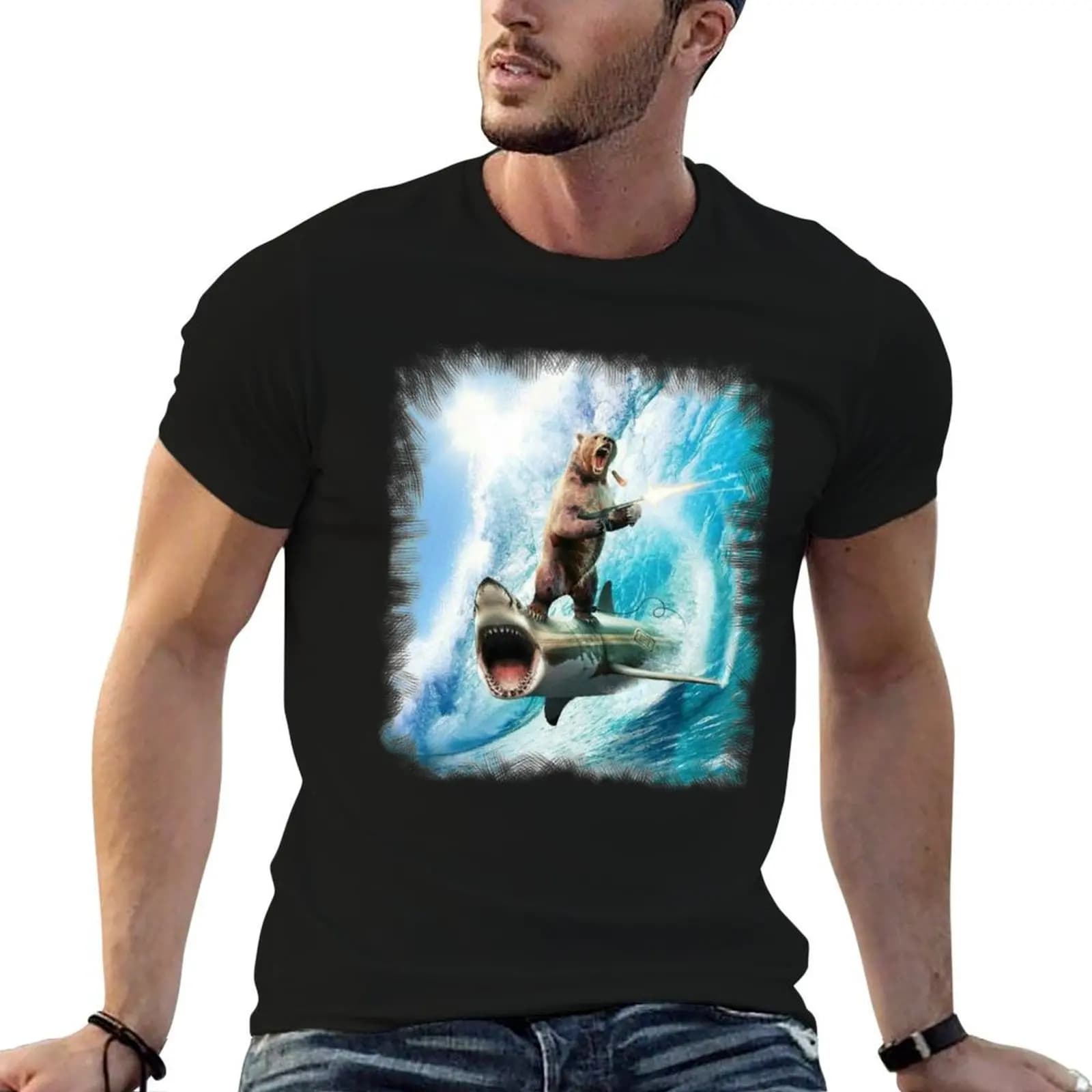 Bear Surfing On Shark T-Shirt street wear valentines boutique clothes tshirts for men