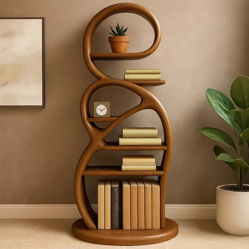 Modern sculptural wooden bookshelves with organic curves and flowing shelves for use in an art home library or a stylish