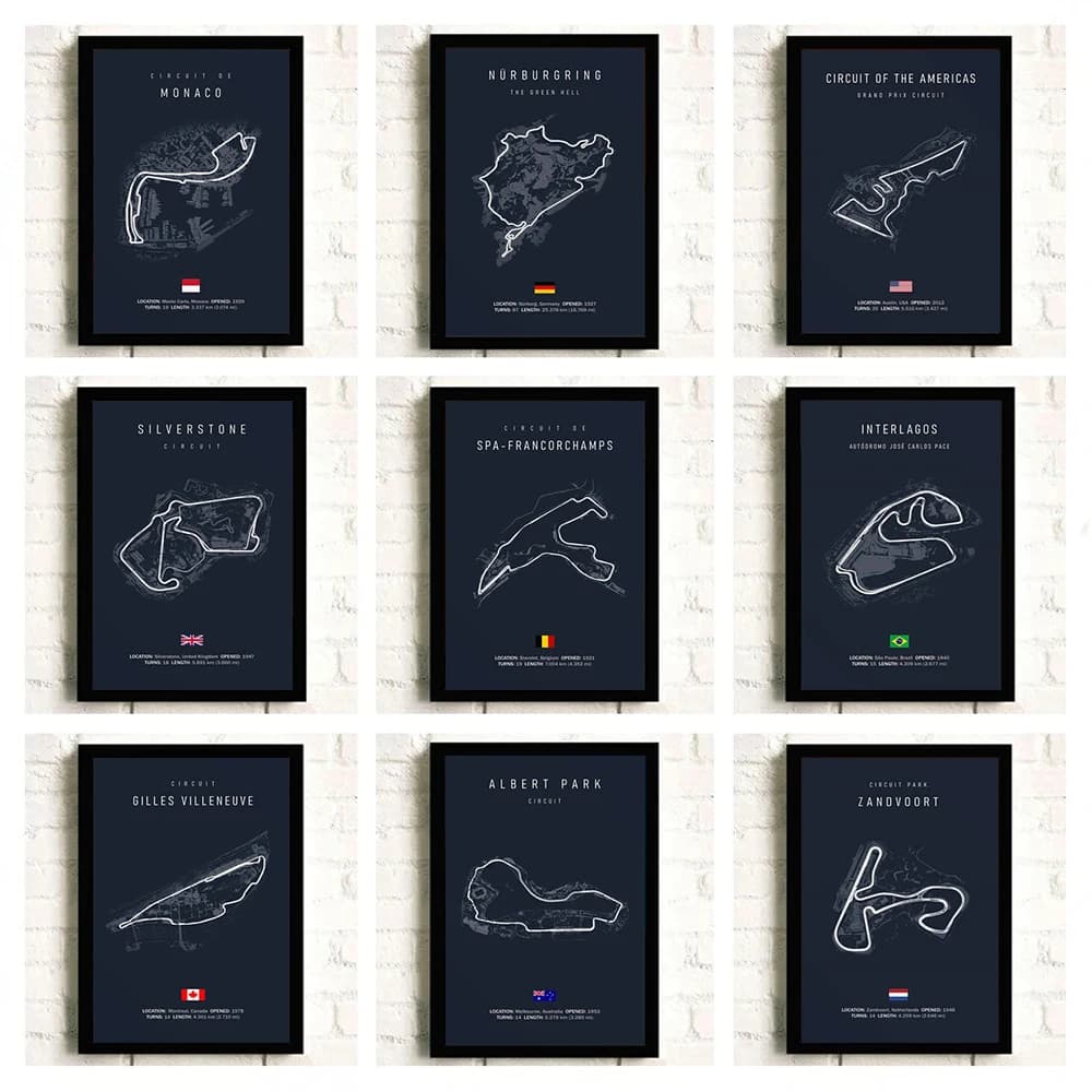 Formula 1 Imola Monaco Track Circuit Wall Art Posters World Formula Racing Map Room Decor Canvas Painting Pictures Print Artwork