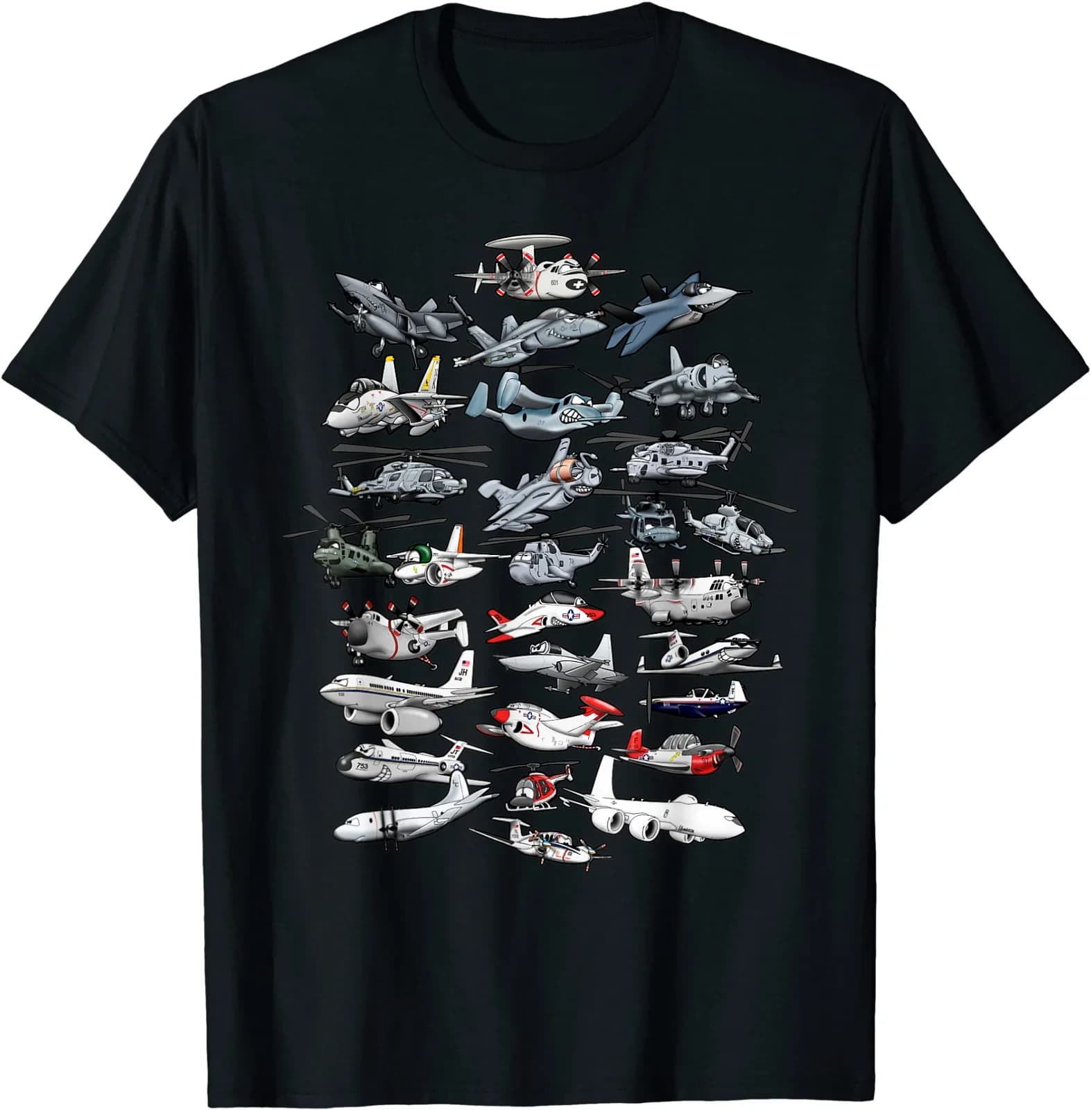 Aircraft Madness! Cartoon Military Airplanes And Helicopters T-Shirt Men's 100% Cotton Casual T-shirts Loose Top Size S-3XL