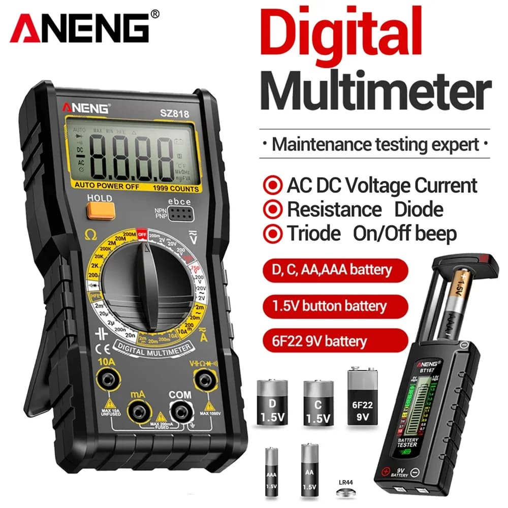 ANENG SZ818 Digital Multimeter AC/DC Voltage Current 1000V 10A NCV Capacitance HFE Tester with Free BT167 Battery Tester