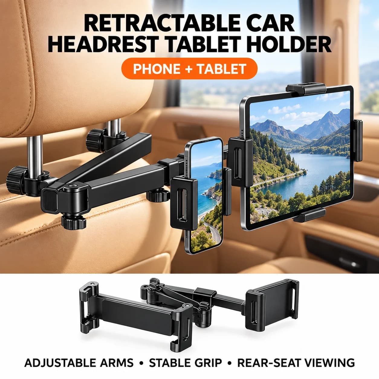 Car Rear Seat Headrest Bracket Telescopic Phone Tablet Holder Rotating Stand for 5-13 Inch Devices