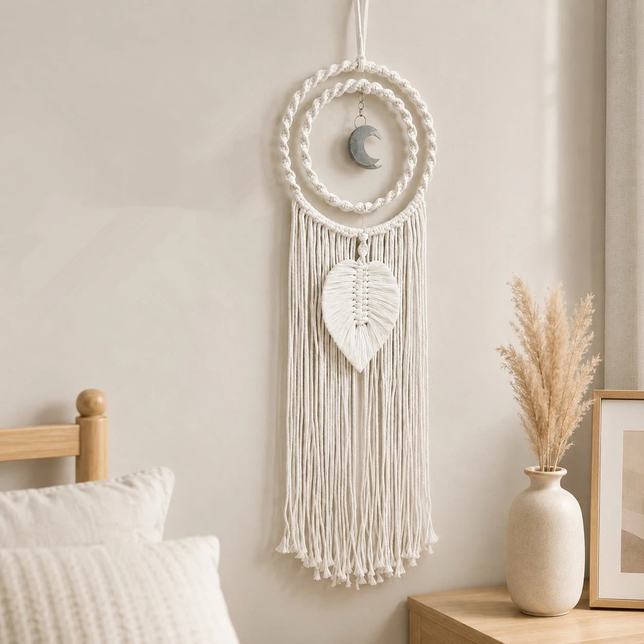Bohemia Handmade Woven Wall Tapestry Double Circle Moon Charm Macrame Wall Art with Leaf & Long Tassels for Room Decor