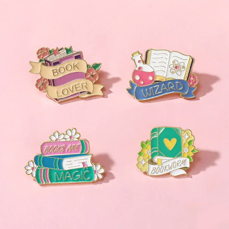 Unisex Cartoon Book Series English Letter Head Shape Brooch Enamel Metal Pin Badge For DIY Clothing Bags Hat T-shirt Decoration