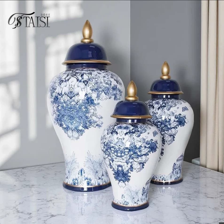 47cm/Chinese Blue and White Vase Craft Jewelry Retro Home Decor General Jar Living Room Soft Decoration Entrance Porcelain