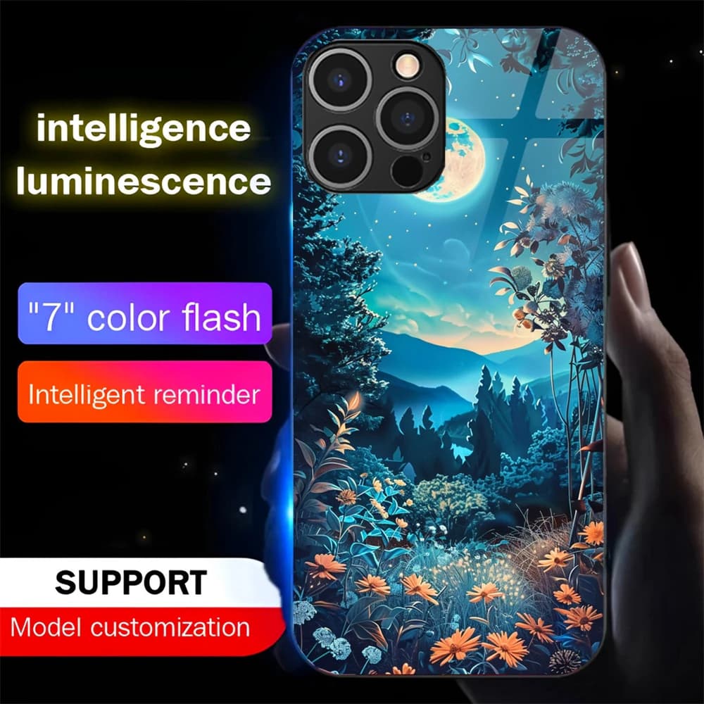 Pretty Dreamy Forest LED Music Flash Phone Back Cover Glowing Glass Case For iPhone Air 17 16 E 15 14 13 12 11 Pro Max XR XS