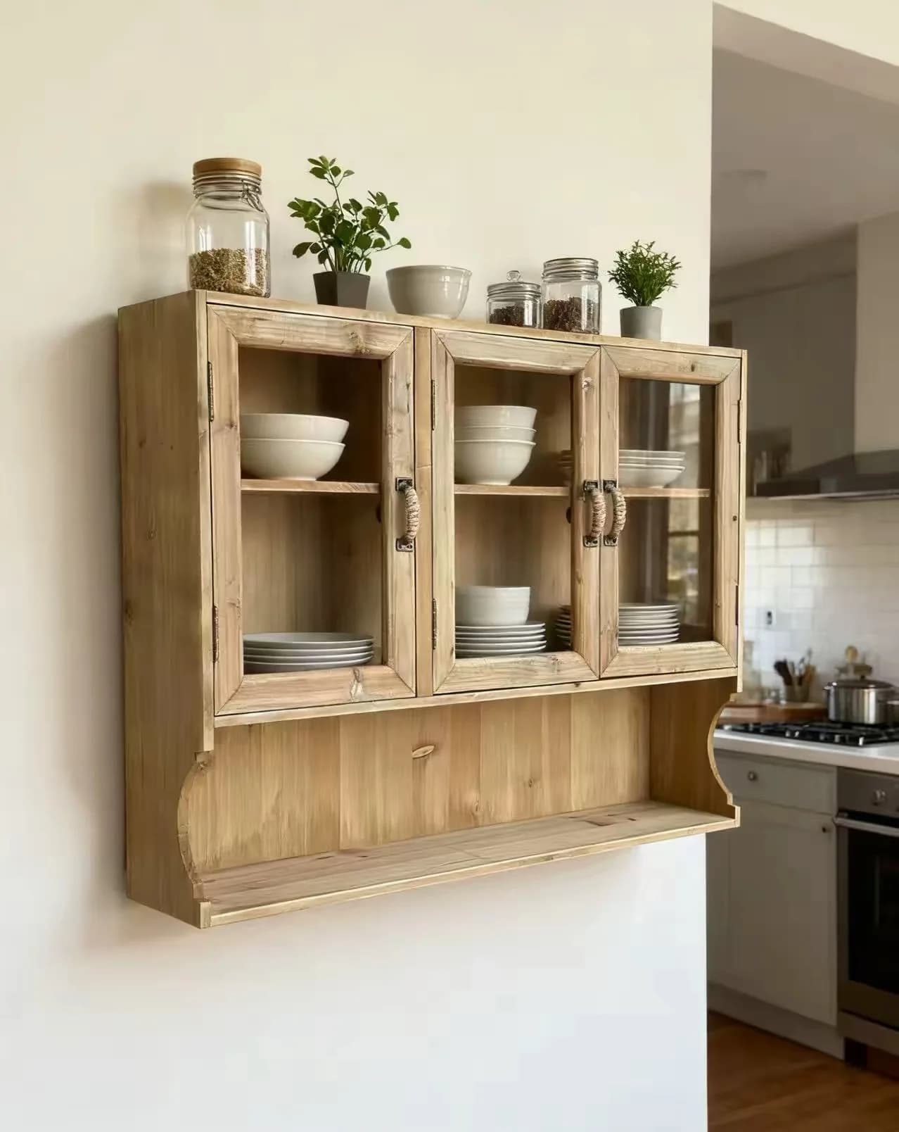 Rustic Wood Wall Cabinet with Glass Doors, Natural Wood Finish, 29.5x5.9x22.8 Inches, Farmhouse Style Kitchen Storage with 3 Com
