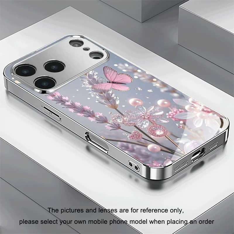 Pink butterfly flower pearl powder pattern electroplated glass phone case, suitable for iPhone 17/16/15/14/13/12/11, etc.