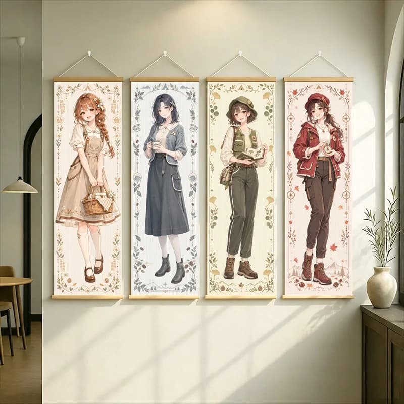 Anime Women in Beige and Navy Dresses with Olive and Burgundy Outfits Hanging Scroll with Floral Borders for a Bedroom
