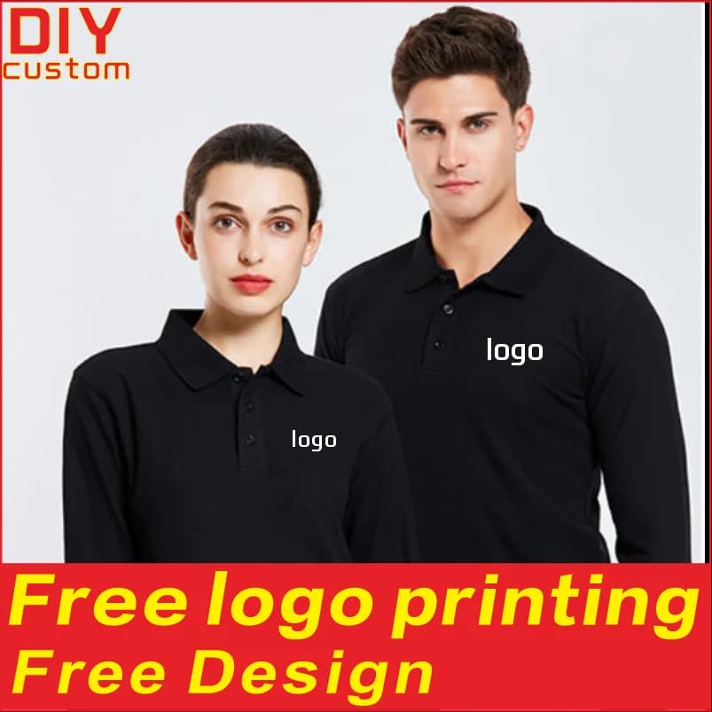 Cotton long sleeved polo shirt, men's and women's breathable spring and autumn T-shirt, printed logo embroidery workwear