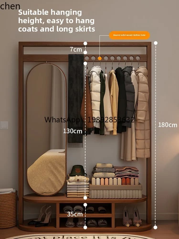 solid wood floor coat rack with mirror floor multi-function rotatable fitting mirror clothes rack