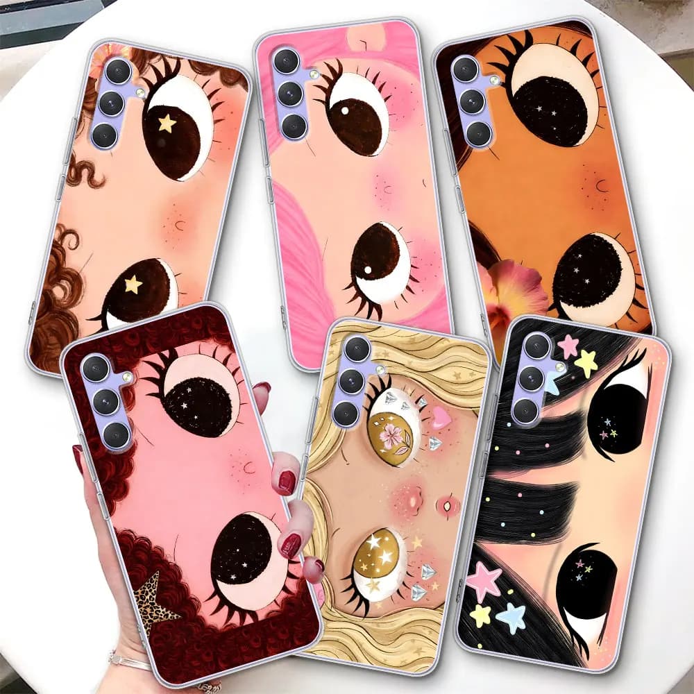 Transparent Case for Samsung Galaxy A57 A15 A27 A37 A16 A17 A54 A14 A22 A51 A53 TPU Phone Cover Cute Girl Curly Hair Big Eyes