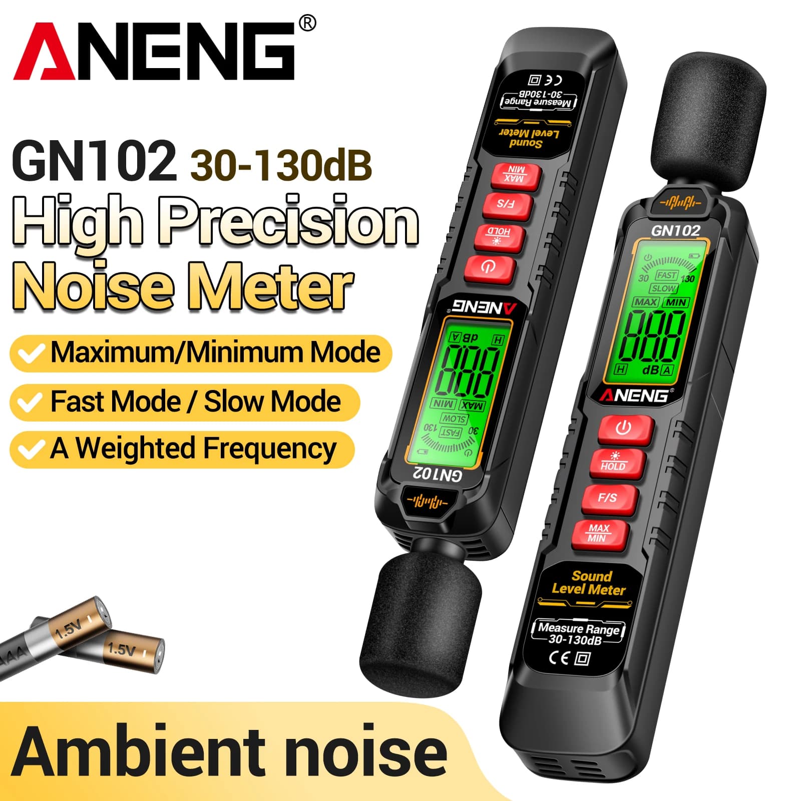 ANENG GN102 Noise Decibel Meter 30-130dB High Precision Sound Level Meter Environmental Noise Detector Backlight Decibel Tester