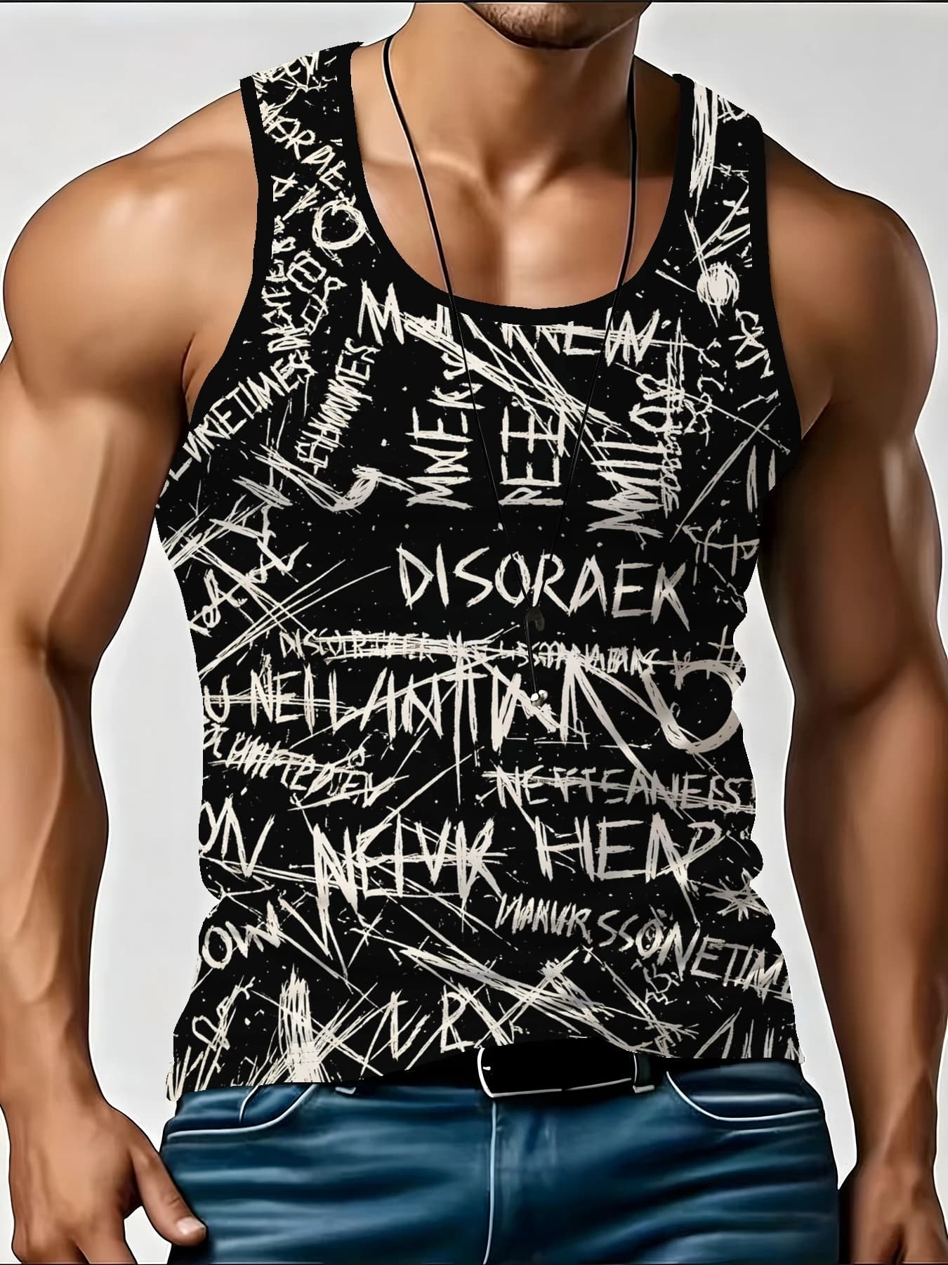 Men's Fashion Letter Print Tank, Fashion Scribble Text Sleeveless Muscle Vest, Breathable Casual Summer Street Workout Top