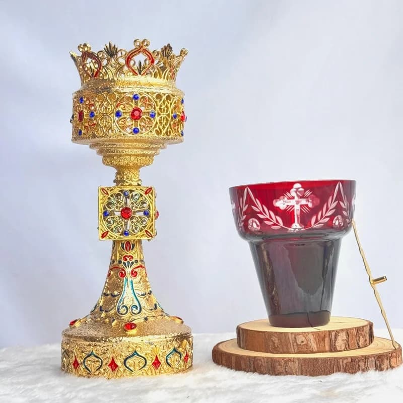 Byzantine Gold Plated Orthodox Liturgical Chalice with Enamel Red Gems for Church Communion Home Altar Prayer Devotion Christian