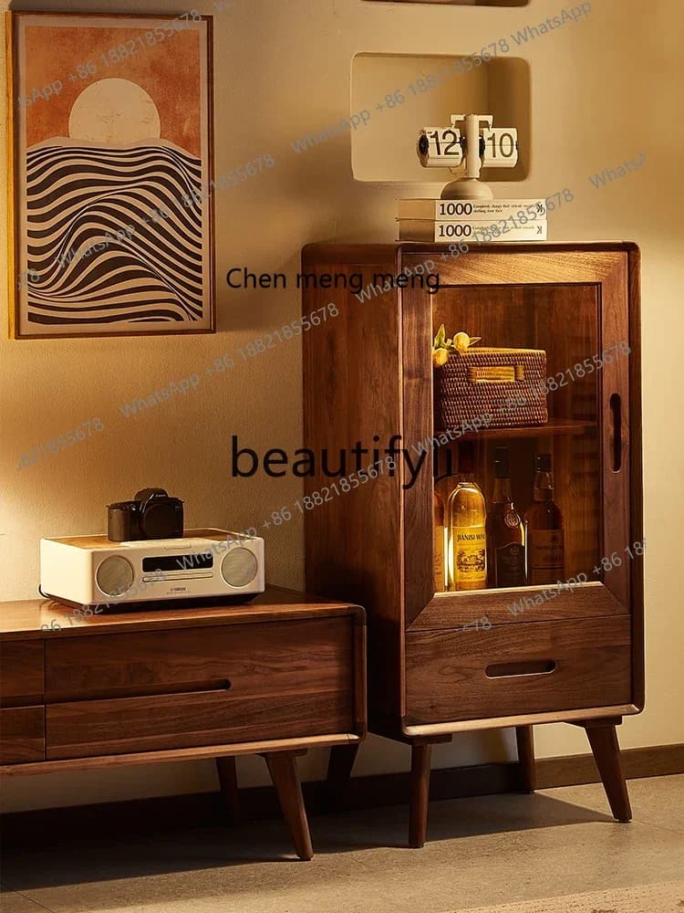 North American black walnut wine cabinet Nordic simple living room solid wood wall storage low cabinet2936