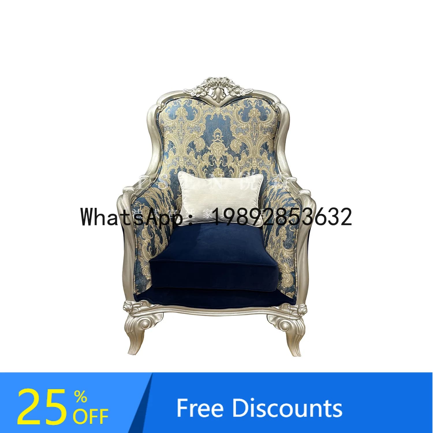 CZ French Court Style Leisure Chair European Fabric Sofa Chair Balcony Solid Wood Embroidered Chair