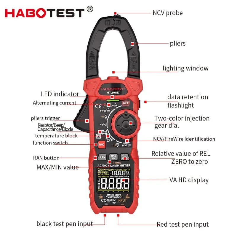 HABOTEST HT208D Digital Clamp Meter AC/DC True RMS Multimeter Automatic Range Tester Current Clamp Meter for Electrical Testing