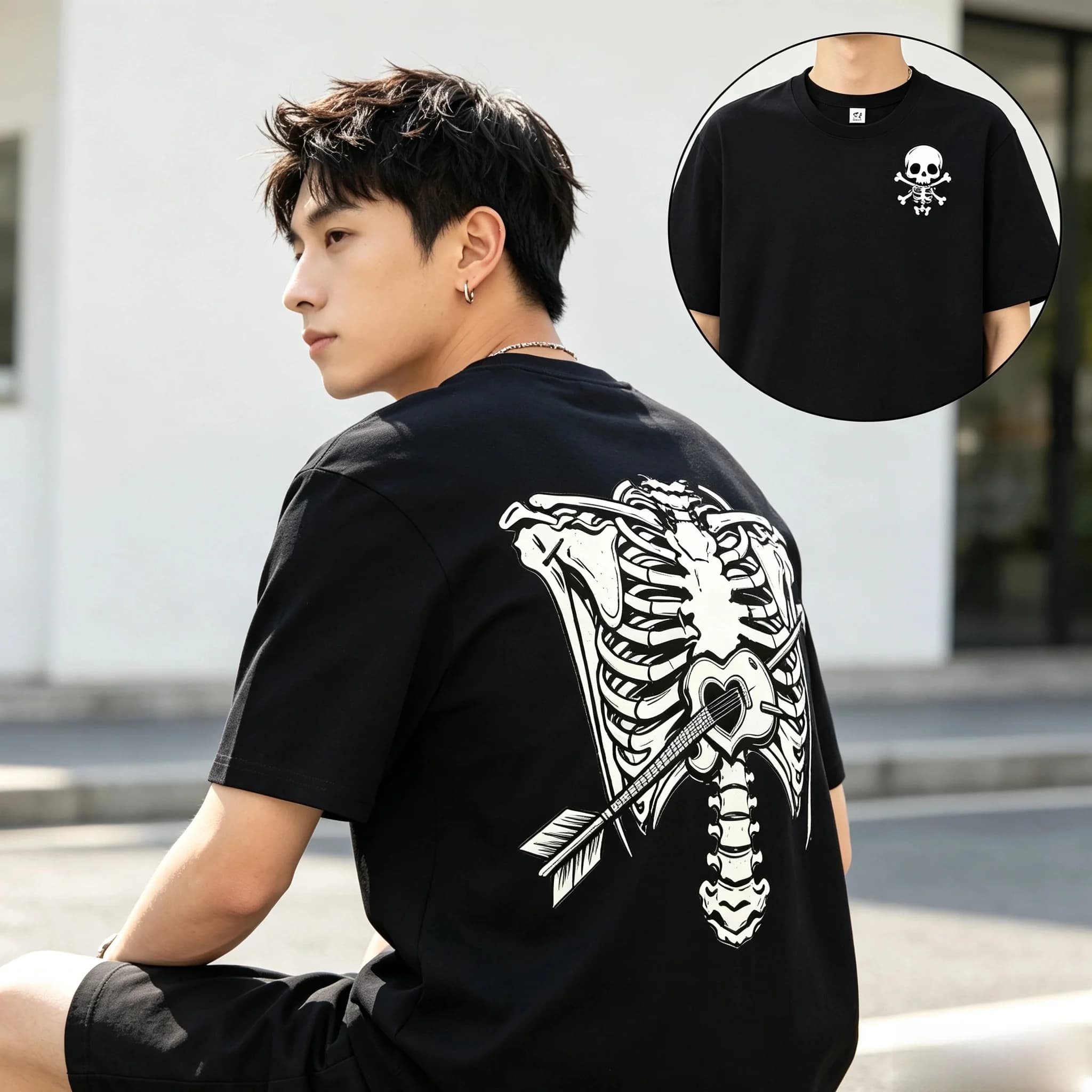 Retro Gothic Skeleton Graphic T‑Shirt for Men Vintage Punk Rock Streetwear Short Sleeve Tee Cool Skull Print Casual Loose Fit