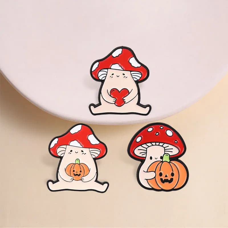 Cartoon Creative Halloween Red Mushroom Holding Pumpkin Love Brooch Casual Party Gift Metal Badges Pins DIY Clothing Bags Hat