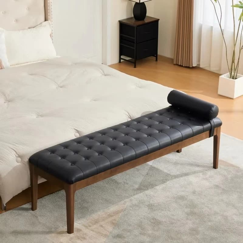 Modern 66 Upholstered Side Bench with Back Pillow Window Sill Bench Walnut Legs
