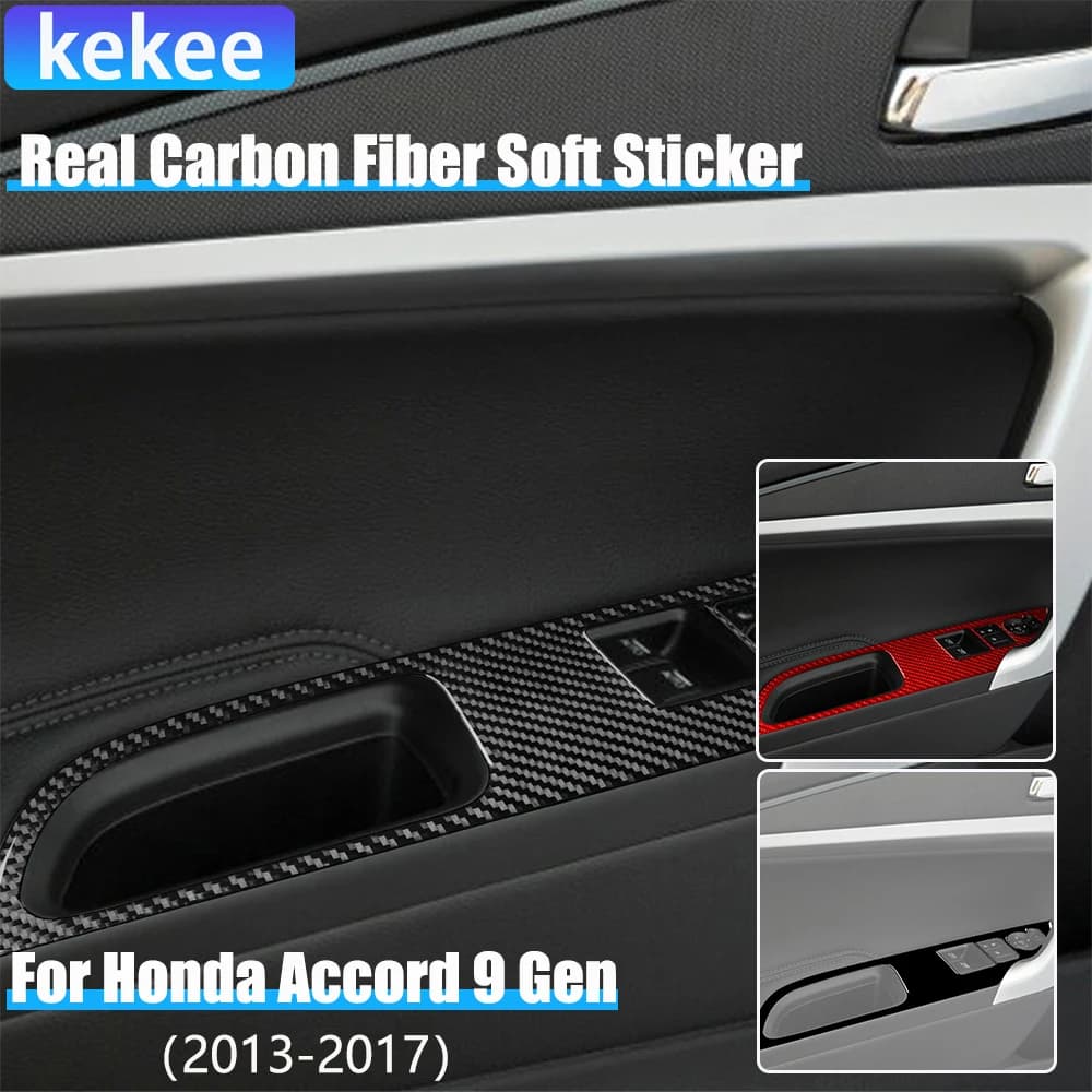 Real Carbon Fiber Car Accessories Window Lifting Panel Modified Cover Soft Sticker For Honda Accord 9th Gen 2014 2015 2016 2017