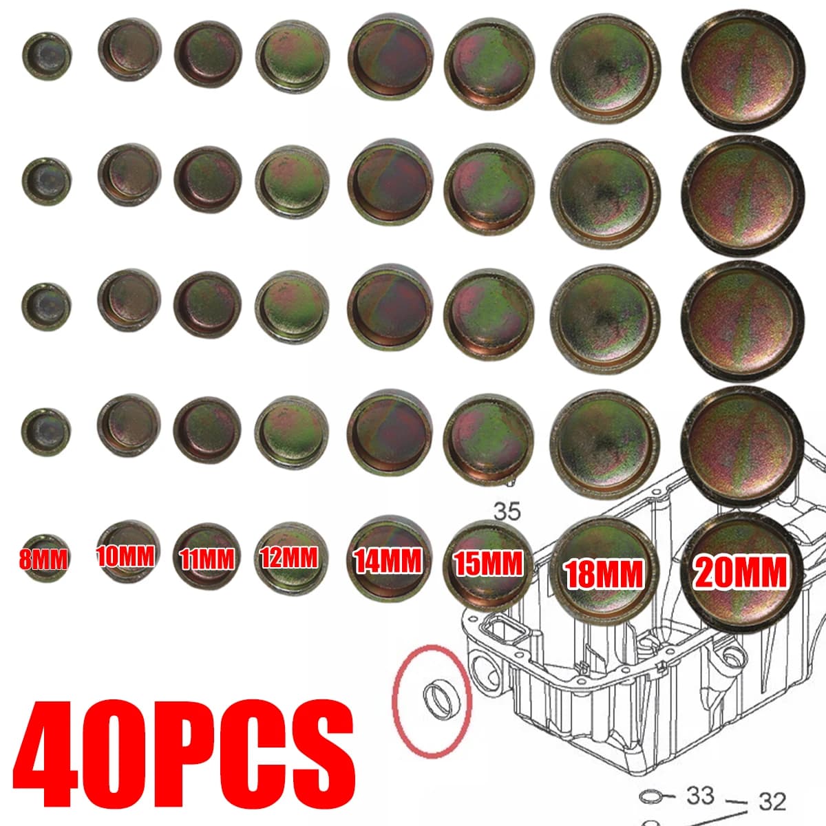 40pcs Engine Core Plug 8-20mm Freeze Expansion Welch Plug Cover Zinc Plated Cup Cylinder Head Block cap Spare Replacement parts